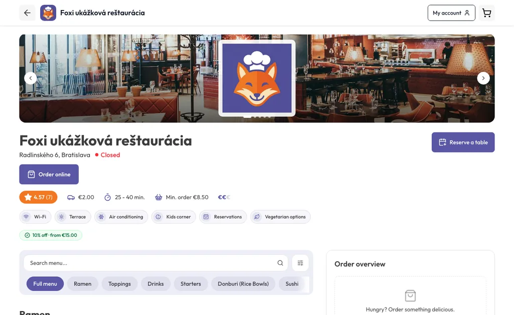 Desktop view of a restaurant website built on Foxi.food: cover photos, opening hours, Order online button and the menu